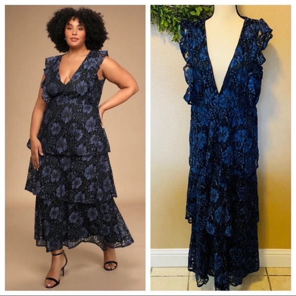 Lulu's Navy Floral Lace Maxi Dress - Picture 1 of 13